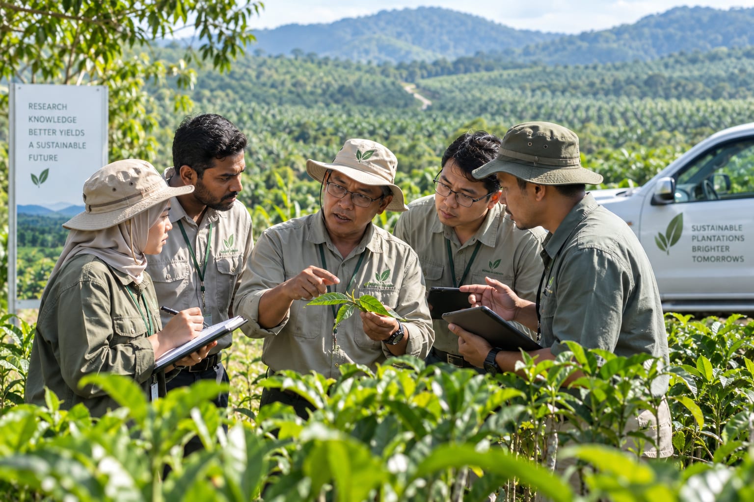 Asian Agro field team examining crop health together in a plantation