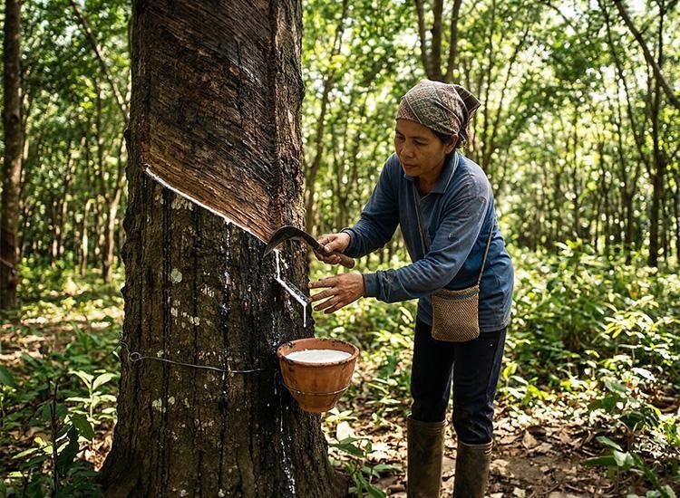 Rubber plantation worker tapping a mature rubber tree