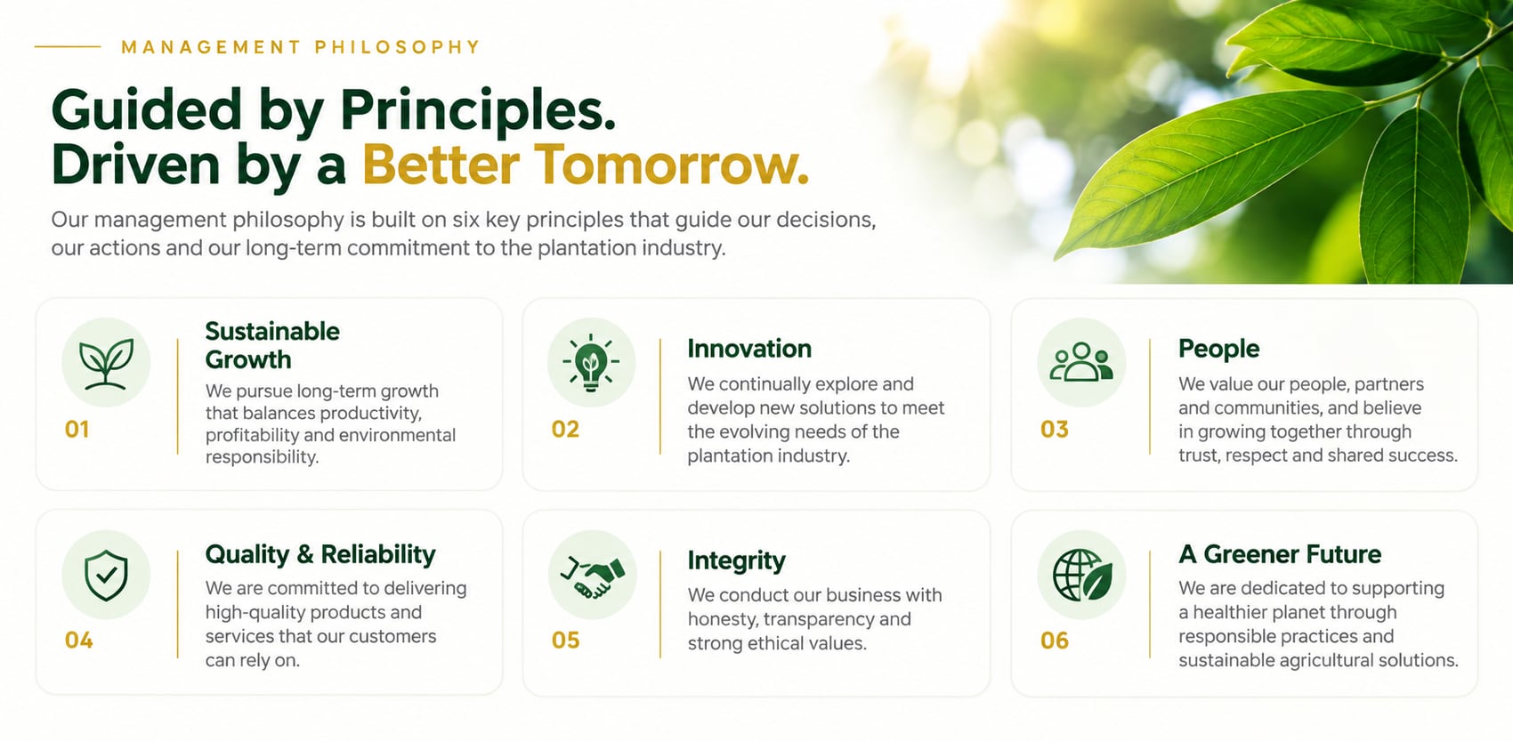Guided by Principles. Driven by a Better Tomorrow. — Our management philosophy is built on six key principles that guide our decisions, our actions and our long-term commitment to the plantation industry.