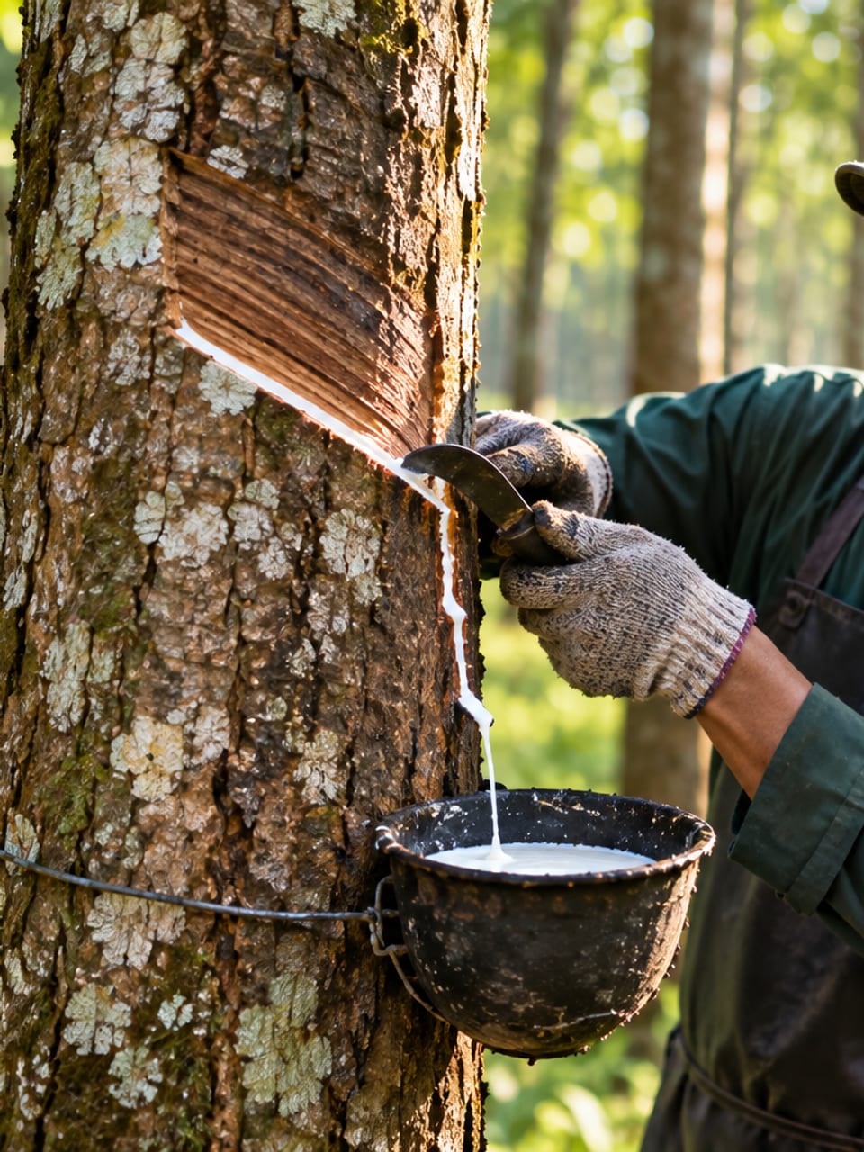 Plantation worker evaluating a rubber tree during a field trial