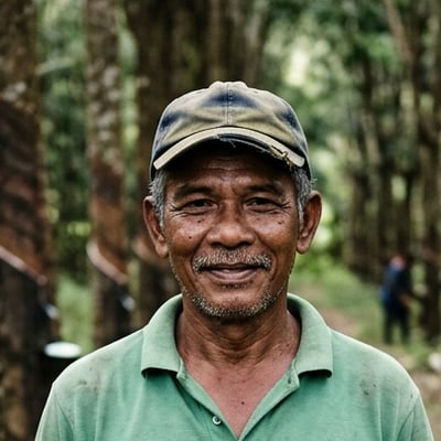 Portrait of a Malaysian rubber plantation owner standing among mature rubber trees
