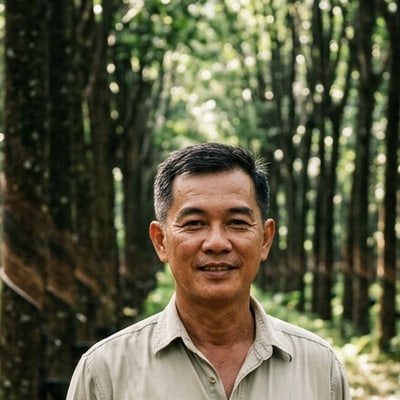 Portrait of an estate manager among rows of rubber trees