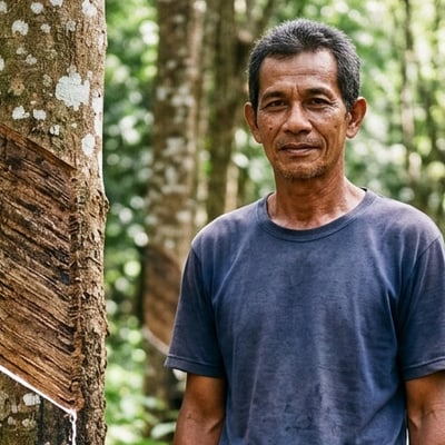 Portrait of a rubber smallholder beside a tapped rubber tree