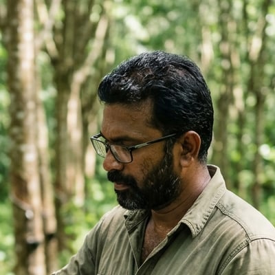 Portrait of a plantation agronomist inspecting rubber tree bark