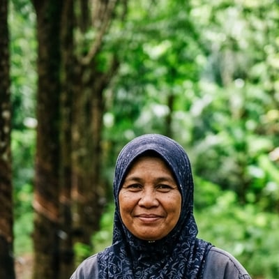 Portrait of a female rubber grower in a mature rubber plantation